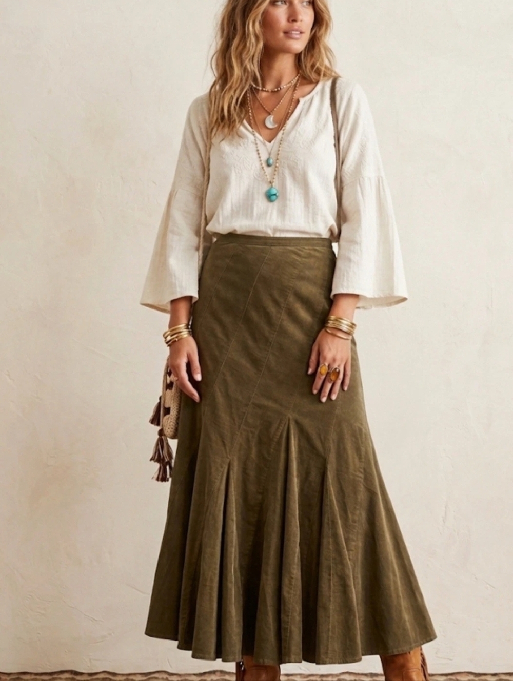 Lois Crayon Skirt Midi Olive Fit&Flare Pinwheel Corduroy Line Cottagecore Boho M - Picture 1 of 12